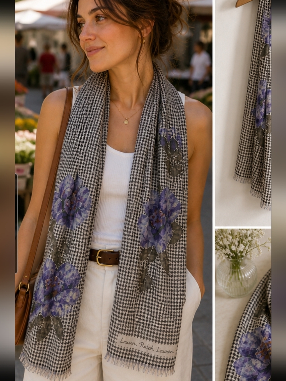 Vintage Ralph Lauren Silk Houndstooth & Floral Long Scarf Purple Flowers 12x52 - Picture 2 of 13